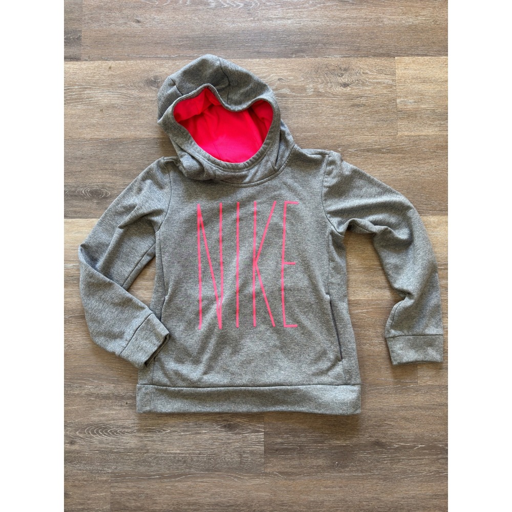 Nike Girls Dri-FIT Gray Neon Pink Logo Pullover Hoodie Size Large 859975-063